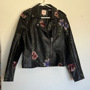 Candies brand faux black leather moto jacket with flower embroidery